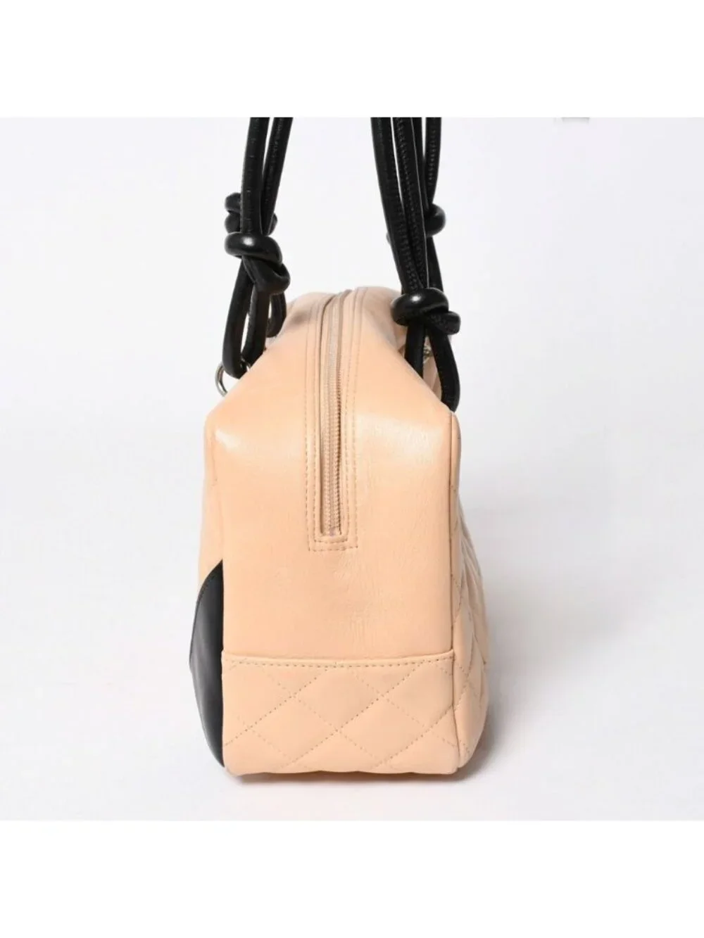 Chanel Cambon Line Bowling Bag Lambskin Beige Black CC Logo Silver